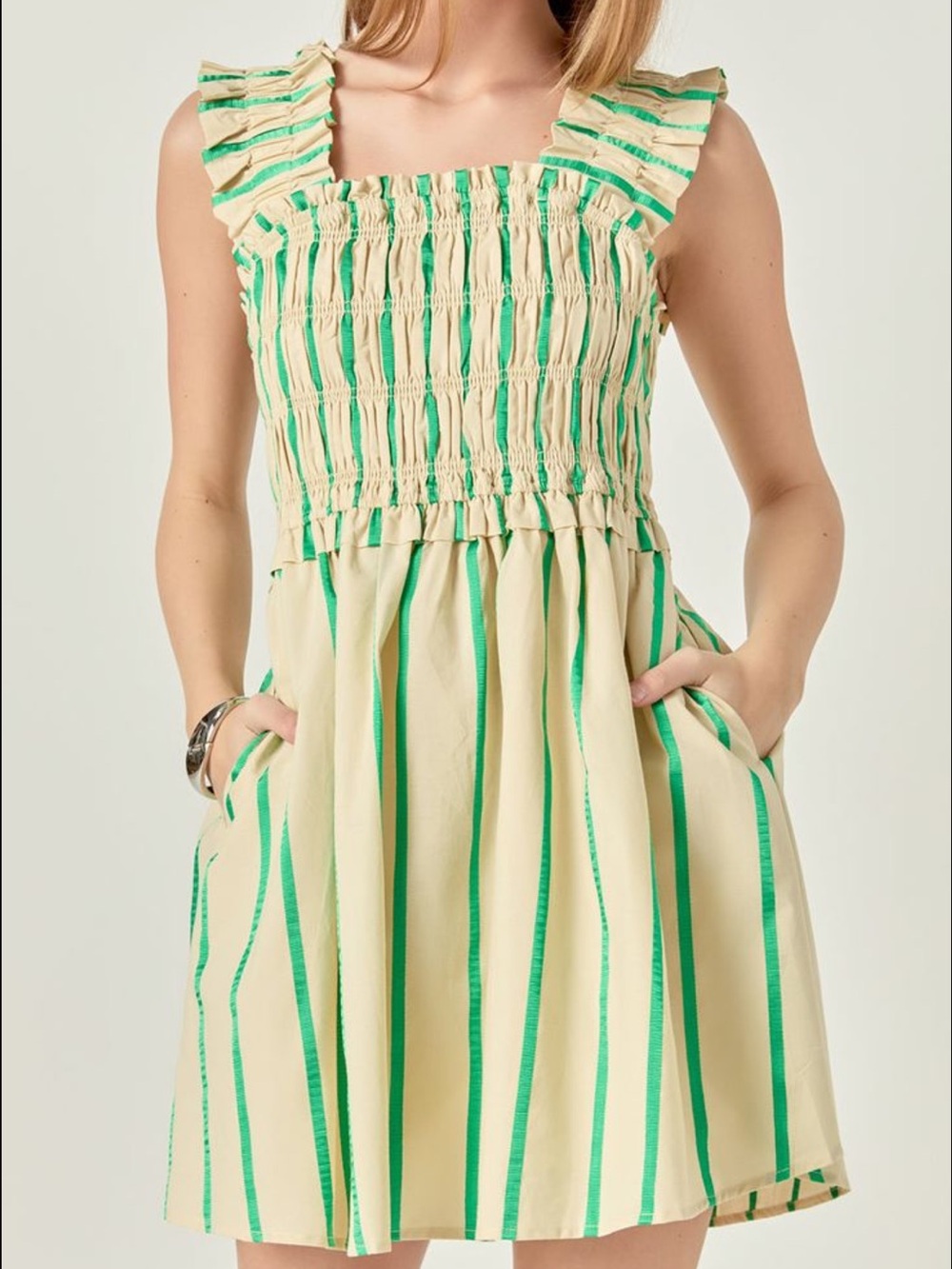 English Factory Cream Dress with Green Stripes and Ruffled Shoulders